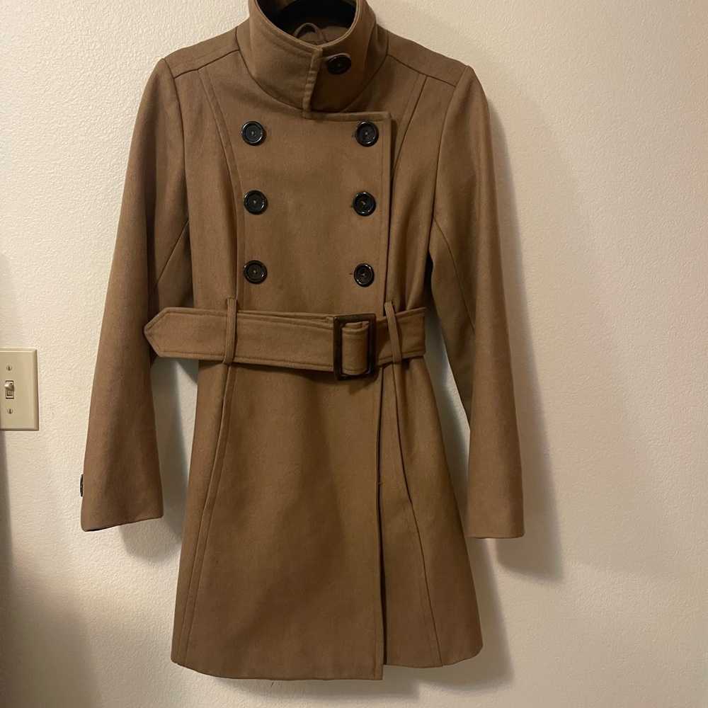 Wool Blend Tan Double-Breasted Coat - Picture 12 of 16